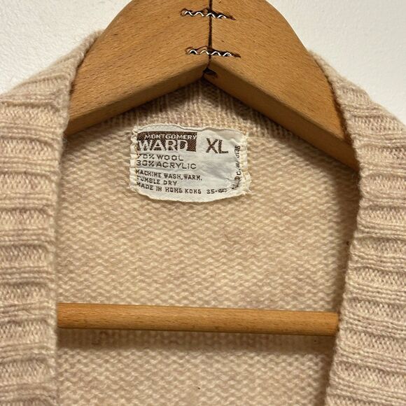 Montgomery Ward Vtg 70s Cable Knit Sweater Cream Cardigan Size XL Fishermancore - Picture 4 of 6